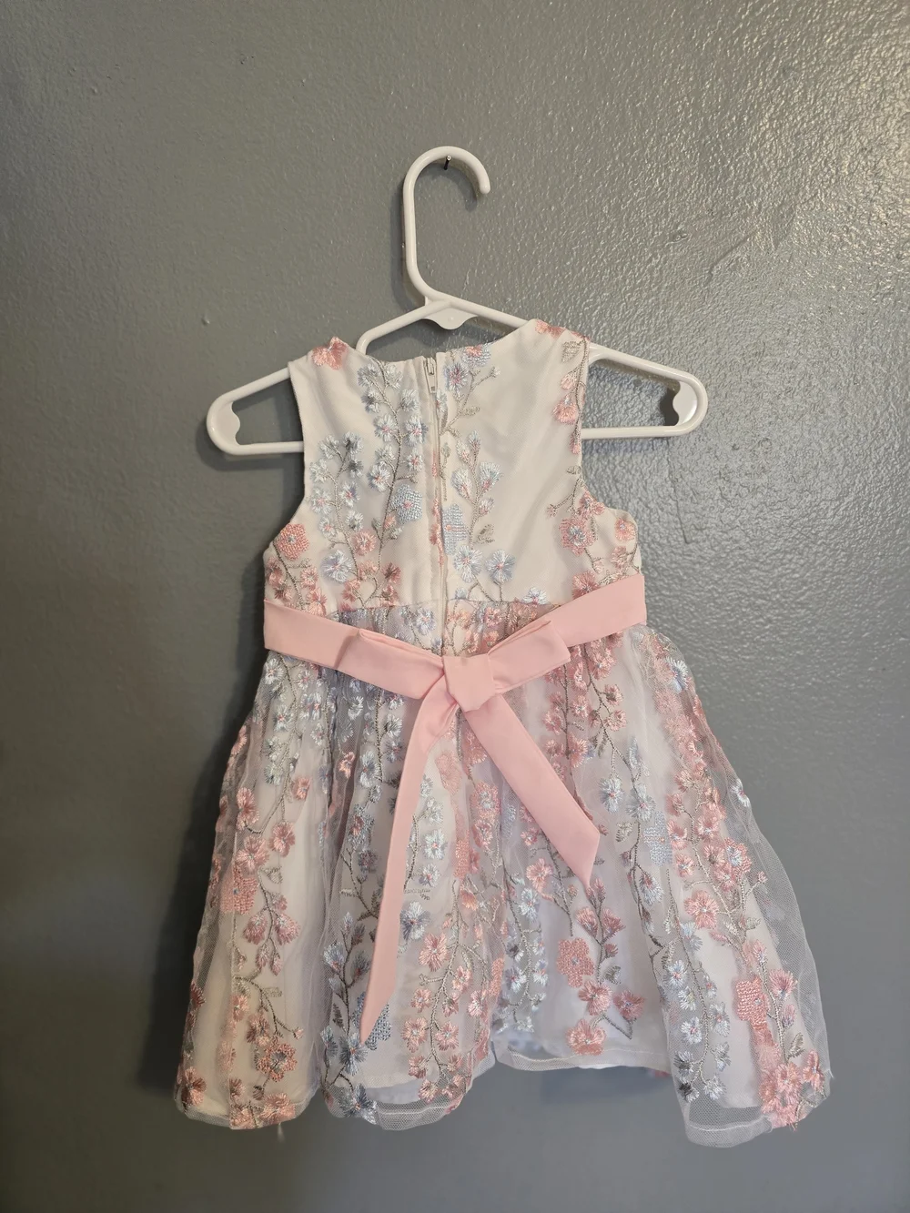 Rare Editions Pink and White Floral Embroidered Party Dress with Bow